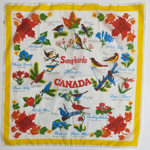Vintage Canada Souvenir Scarf Birds Flowers Yellow Border Kitsch Retro Cottage